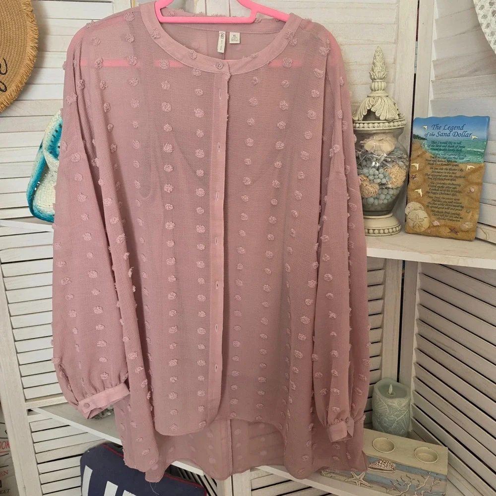 Cato XL Mauve 2 Piece Set Semi Sheer Clipped Dot Button Down Tunic & Tank